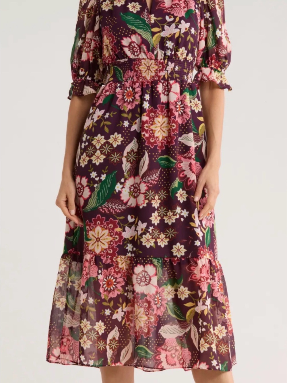 Eliza J Purple Floral Midi Dress with Pink & Green Accents